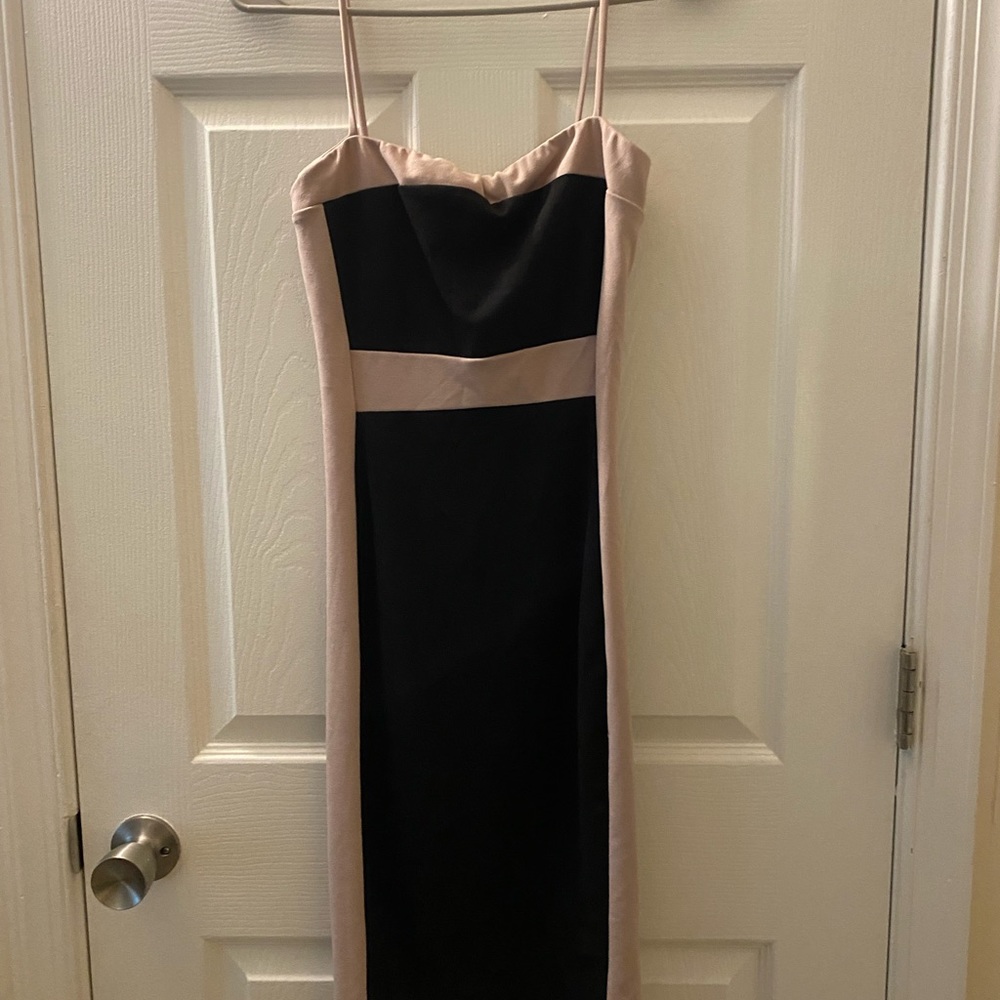 Black and beige/tan midi dress